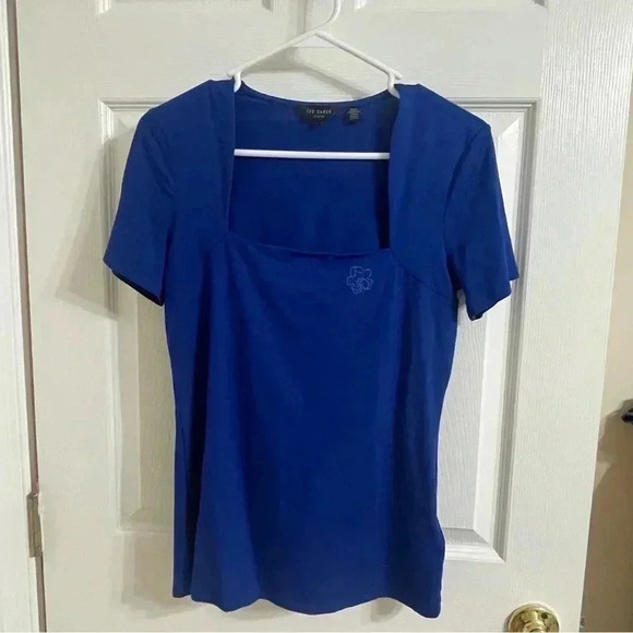 Ted Baker Gerbela Blue Square Neck Short Sleeve Top Size 2/US 6 - Picture 9 of 12